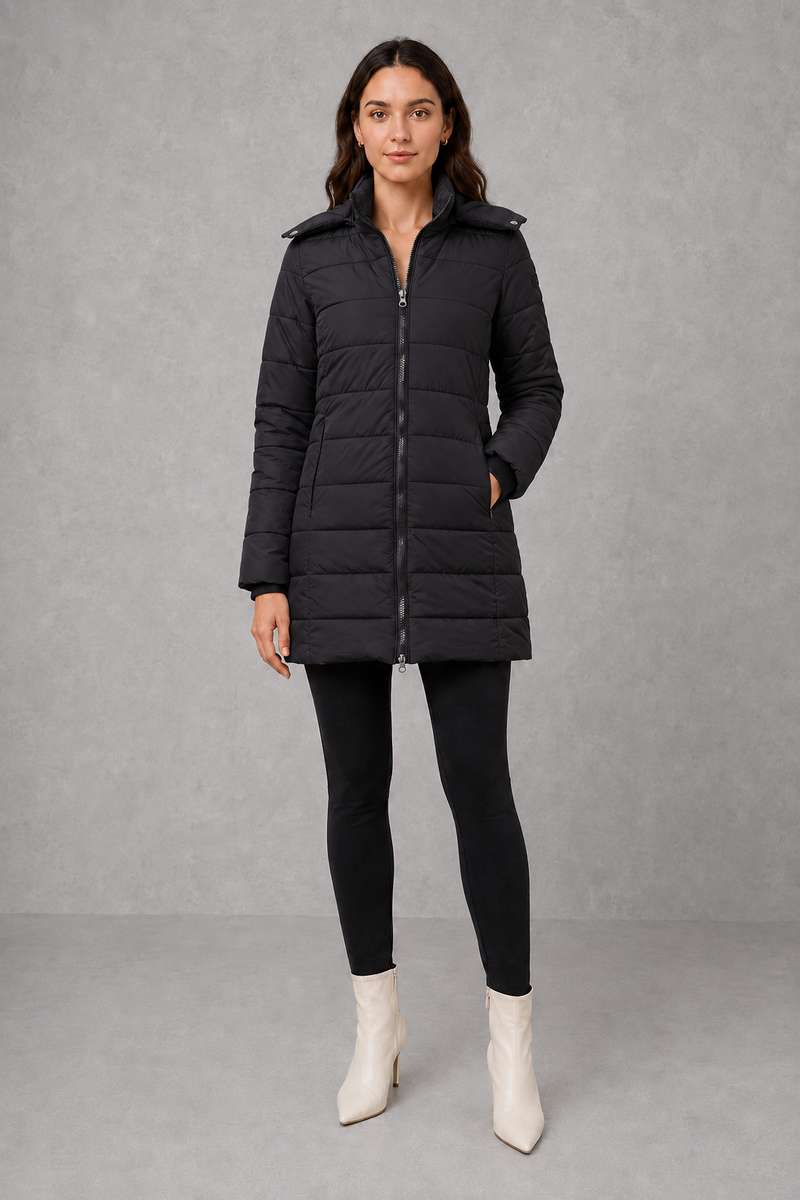Women’s lightweight insulated hooded coat with padded design, full zip fastening and streamlined fit for autumn and winter.