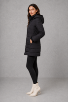 Women’s lightweight insulated hooded coat with padded design, full zip fastening and streamlined fit for autumn and winter.