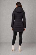 Women’s lightweight insulated hooded coat with padded design, full zip fastening and streamlined fit for autumn and winter.