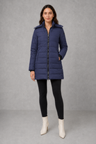 Women’s lightweight insulated hooded coat with padded design, full zip fastening and streamlined fit for autumn and winter.