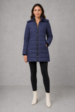 Women’s lightweight insulated hooded coat with padded design, full zip fastening and streamlined fit for autumn and winter.
