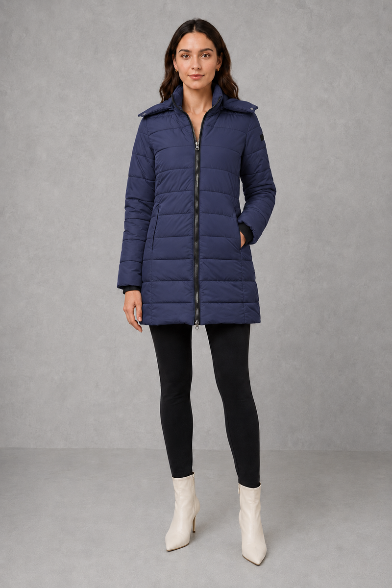 Women’s lightweight insulated hooded coat with padded design, full zip fastening and streamlined fit for autumn and winter.