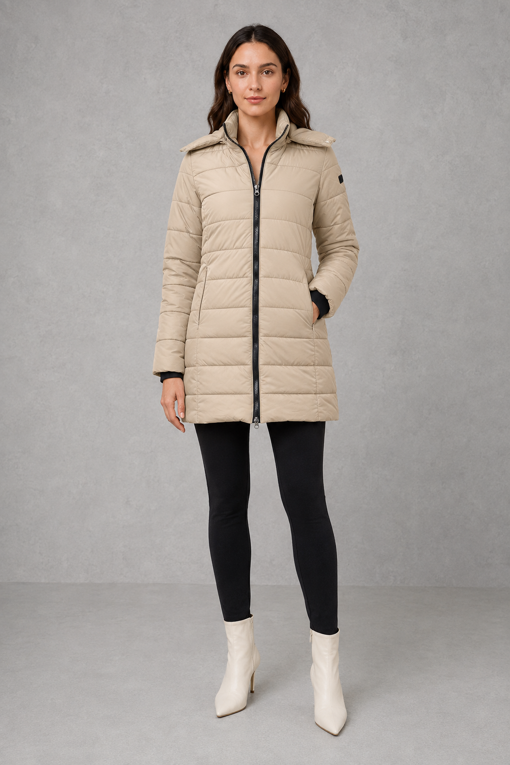 Women’s lightweight insulated hooded coat with padded design, full zip fastening and streamlined fit for autumn and winter.