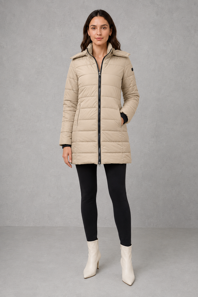 Women’s lightweight insulated hooded coat with padded design, full zip fastening and streamlined fit for autumn and winter.