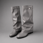 Women’s knee-high slouch boots with pointed toe, low block heel and metal cuff detail.