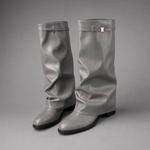Women’s knee-high slouch boots with pointed toe, low block heel and metal cuff detail.