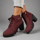 Women’s lace-up buckle chunky heel ankle boots with a round toe, decorative buckle straps and sturdy rubber sole, stylish combat-inspired boots for everyday autumn and winter wear.