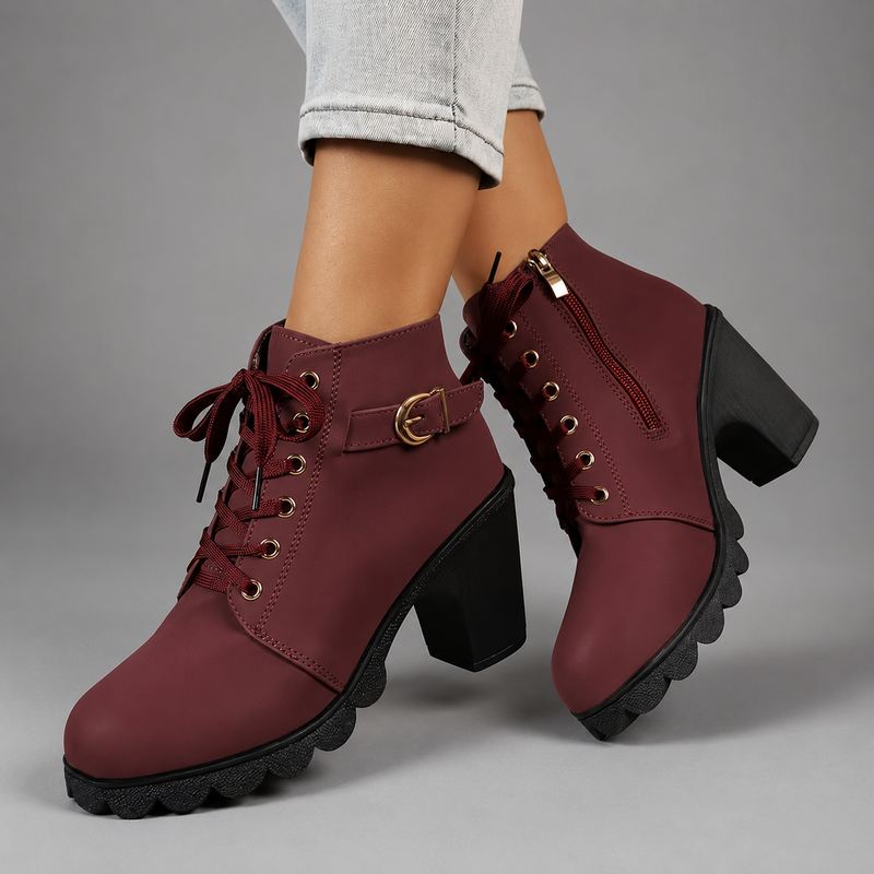 Women’s lace-up buckle chunky heel ankle boots with a round toe, decorative buckle straps and sturdy rubber sole, stylish combat-inspired boots for everyday autumn and winter wear.