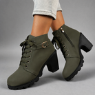 Women’s lace-up buckle chunky heel ankle boots with a round toe, decorative buckle straps and sturdy rubber sole, stylish combat-inspired boots for everyday autumn and winter wear.
