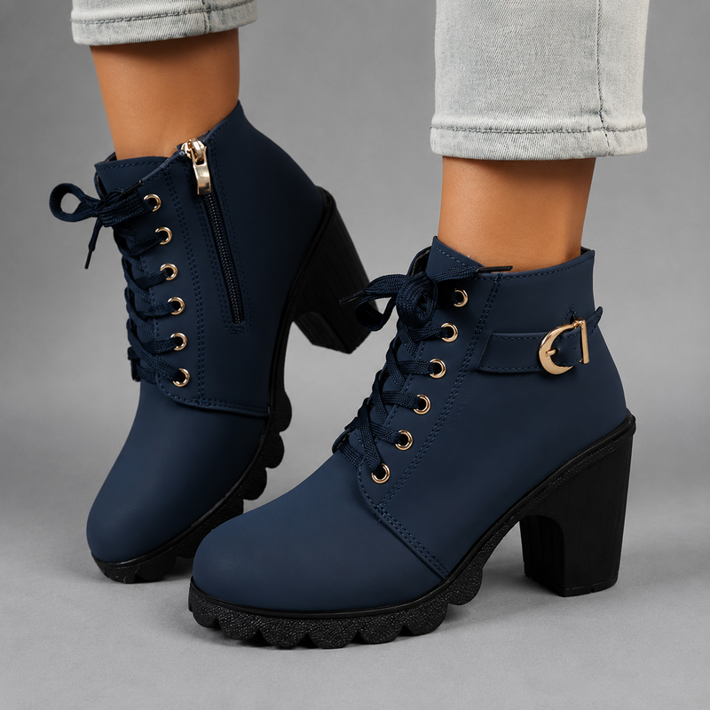 Women’s lace-up buckle chunky heel ankle boots with a round toe, decorative buckle straps and sturdy rubber sole, stylish combat-inspired boots for everyday autumn and winter wear.
