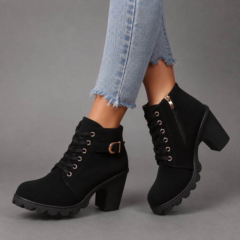 Women’s lace-up buckle chunky heel ankle boots with a round toe, decorative buckle straps and sturdy rubber sole, stylish combat-inspired boots for everyday autumn and winter wear.