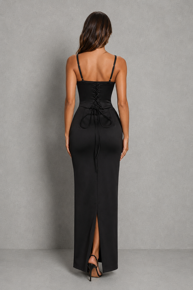 Women’s Lace-Up Column Maxi Dress with Underwired Bodice for Wedding, Formal & Evening Wear