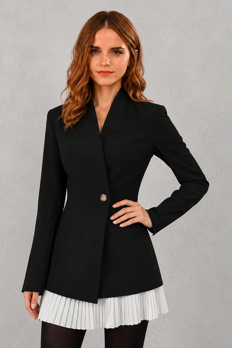 Women's elegant lace single-breasted blazer jacket with a notched lapel, full-length sleeves, front pockets, and a regular tailored fit, perfect for office, business and smart casual wear.