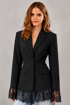 Women's elegant lace single-breasted blazer jacket with a notched lapel, full-length sleeves, front pockets, and a regular tailored fit, perfect for office, business and smart casual wear.