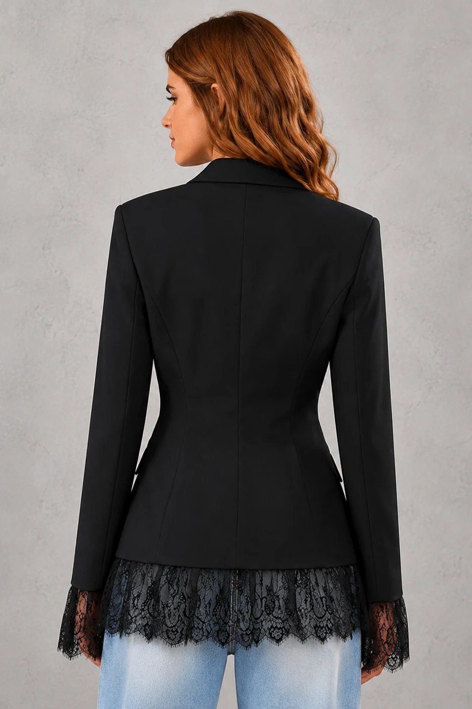 Women's elegant lace single-breasted blazer jacket with a notched lapel, full-length sleeves, front pockets, and a regular tailored fit, perfect for office, business and smart casual wear.