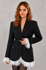 Women's elegant lace single-breasted blazer jacket with a notched lapel, full-length sleeves, front pockets, and a regular tailored fit, perfect for office, business and smart casual wear.