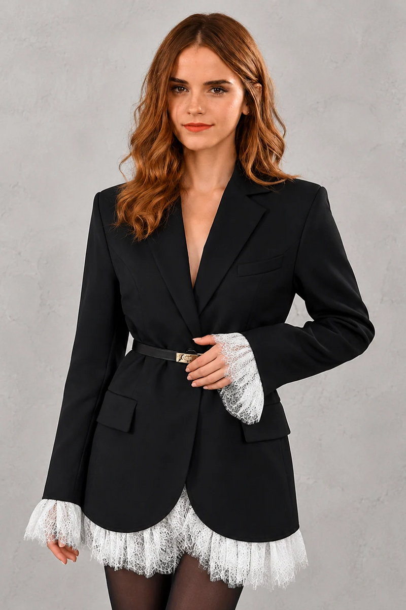 Women's elegant lace single-breasted blazer jacket with a notched lapel, full-length sleeves, front pockets, and a regular tailored fit, perfect for office, business and smart casual wear.