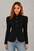 Women's elegant lace single-breasted blazer jacket with a notched lapel, full-length sleeves, front pockets, and a regular tailored fit, perfect for office, business and smart casual wear.