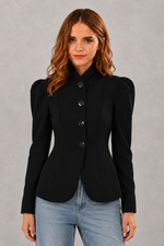 Women's elegant lace single-breasted blazer jacket with a notched lapel, full-length sleeves, front pockets, and a regular tailored fit, perfect for office, business and smart casual wear.