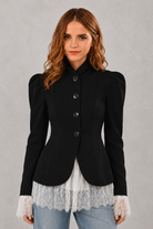 Women's elegant lace single-breasted blazer jacket with a notched lapel, full-length sleeves, front pockets, and a regular tailored fit, perfect for office, business and smart casual wear.