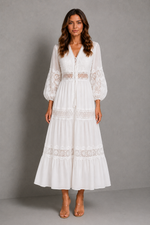 Women’s Lace Trim Midi Dress with Long Sleeves for Summer & Occasion Wear