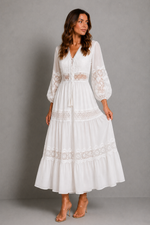 Women’s Lace Trim Midi Dress with Long Sleeves for Summer & Occasion Wear
