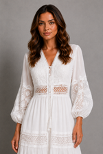 Women’s Lace Trim Midi Dress with Long Sleeves for Summer & Occasion Wear