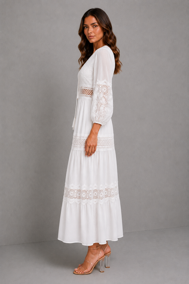Women’s Lace Trim Midi Dress with Long Sleeves for Summer & Occasion Wear