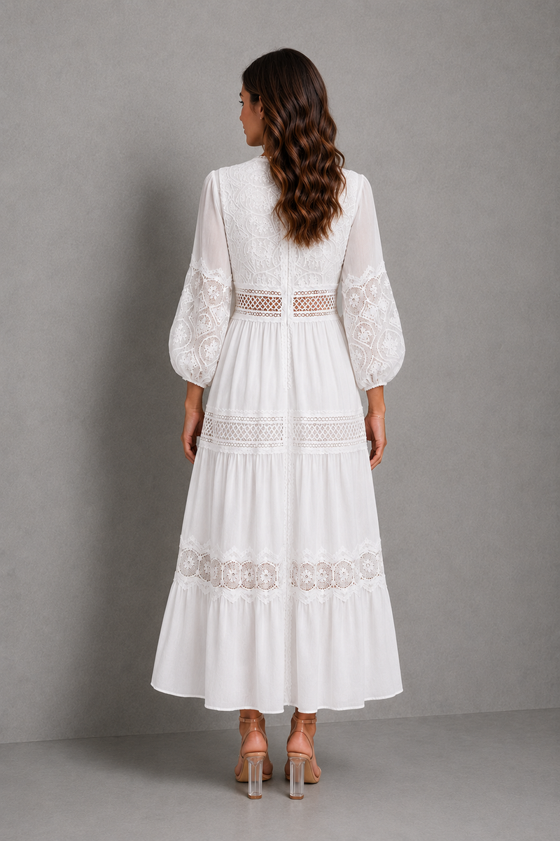 Women’s Lace Trim Midi Dress with Long Sleeves for Summer & Occasion Wear