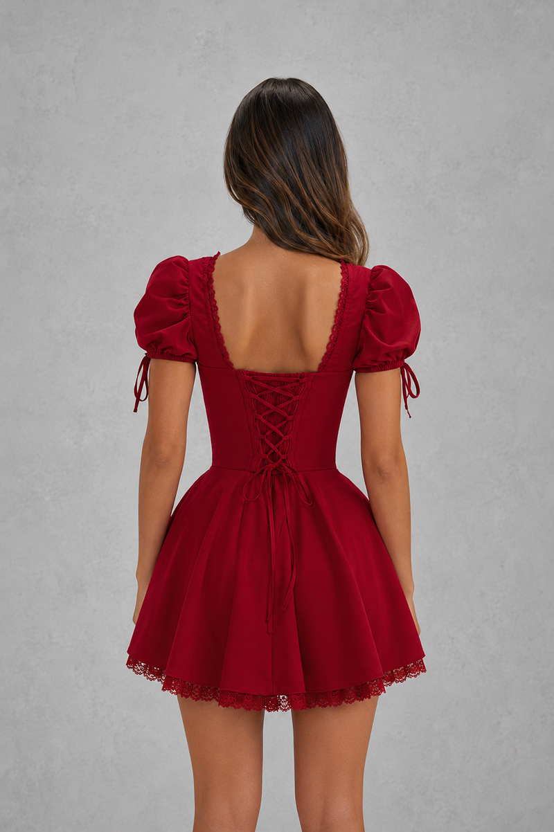 Red dress with puff sleeves and lace-up back on a gray background