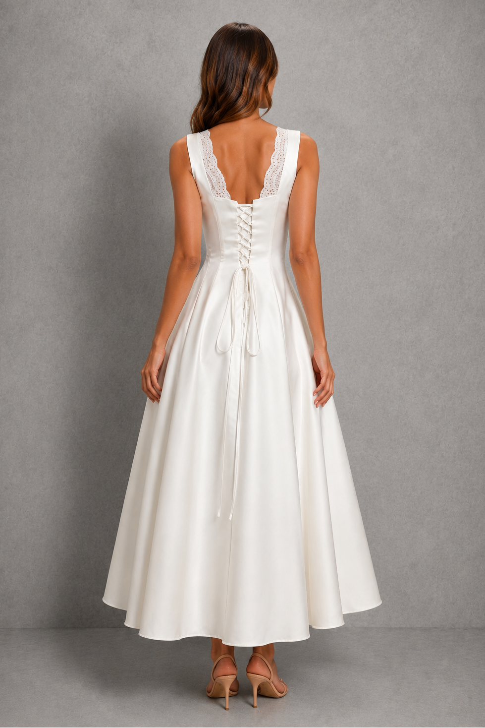 A woman viewed from the back wearing a sleeveless white maxi dress with lace-up back detailing and a flared skirt, standing against a textured gray studio backdrop.