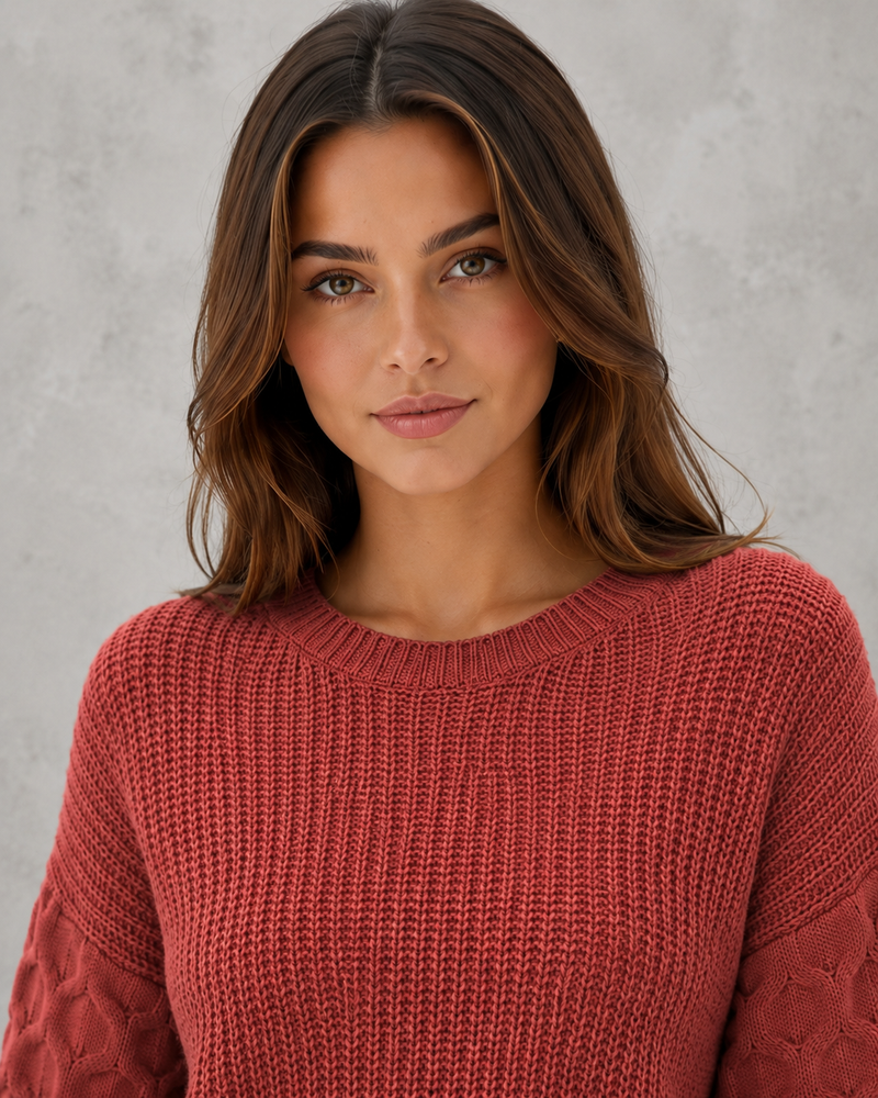 Women's Lantern Sleeve Knit Jumper - Soft Textured Winter Sweater