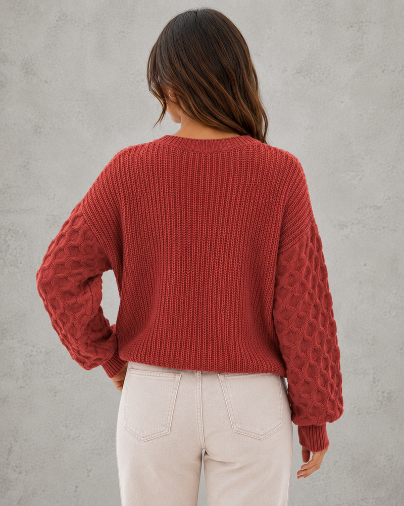 Women's Lantern Sleeve Knit Jumper - Soft Textured Winter Sweater