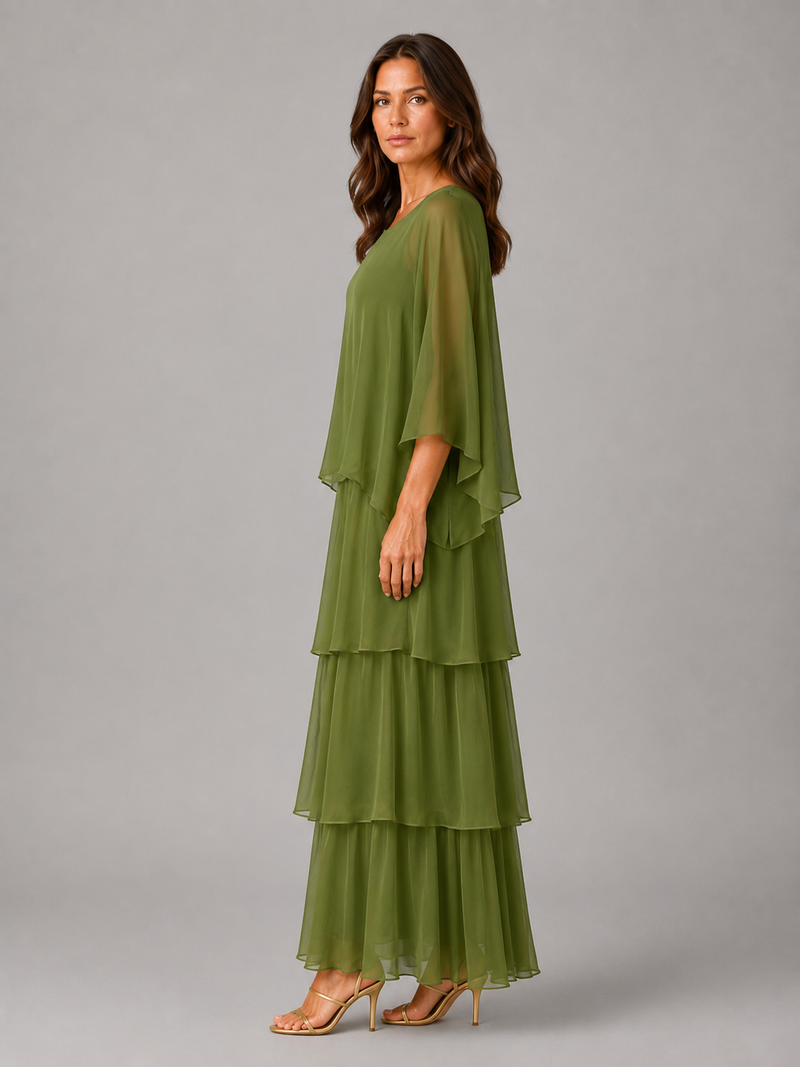 Women’s Layered Chiffon Maxi Dress with Flowing Sleeves for Wedding & Occasion Wear