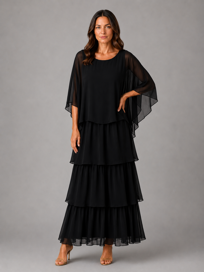 Women’s Layered Chiffon Maxi Dress with Flowing Sleeves for Wedding & Occasion Wear