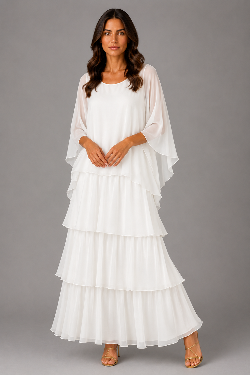 Women’s Layered Chiffon Maxi Dress with Flowing Sleeves for Wedding & Occasion Wear