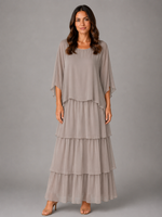 Women’s Layered Chiffon Maxi Dress with Flowing Sleeves for Wedding & Occasion Wear