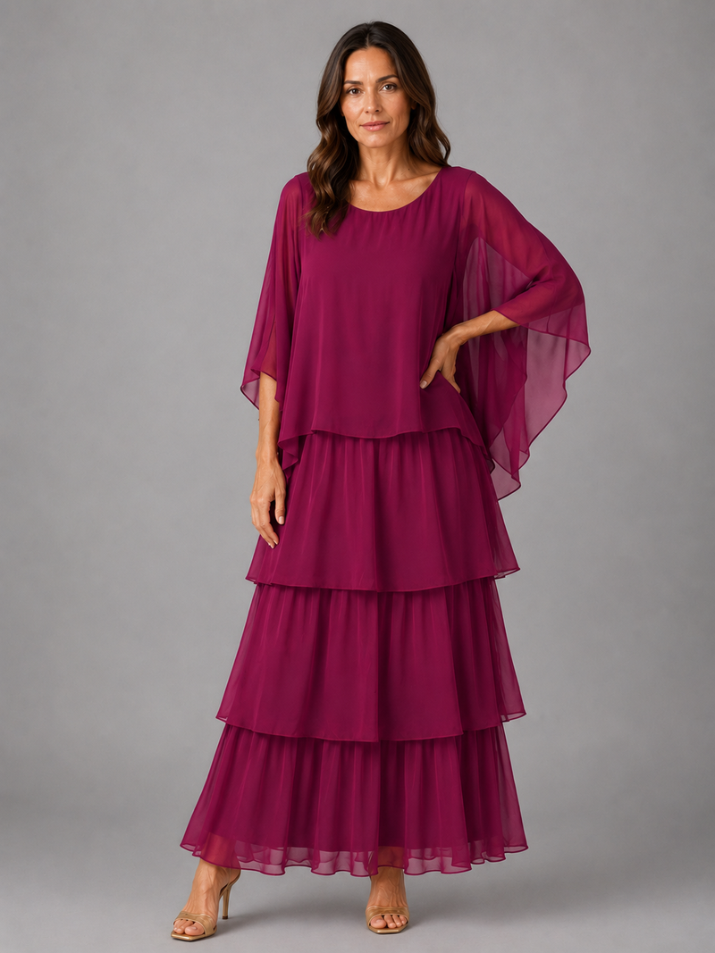Women’s Layered Chiffon Maxi Dress with Flowing Sleeves for Wedding & Occasion Wear