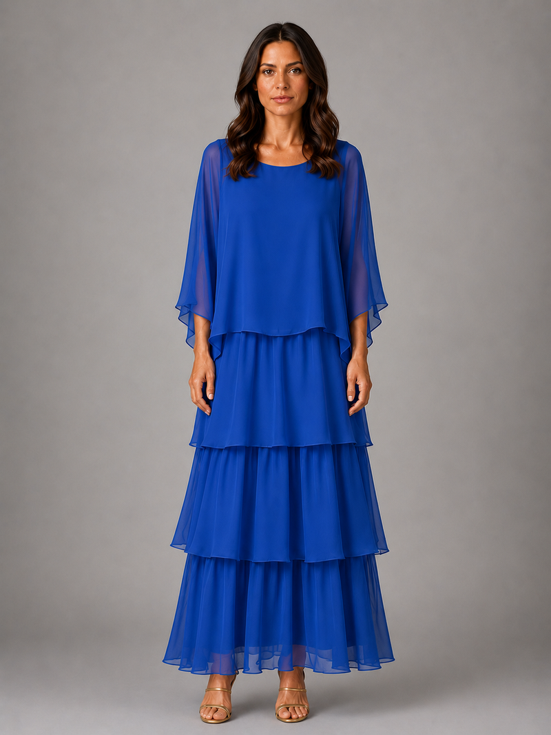 Women’s Layered Chiffon Maxi Dress with Flowing Sleeves for Wedding & Occasion Wear