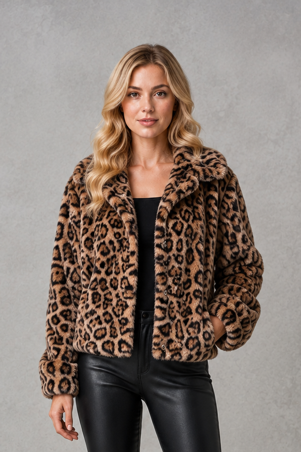 Women's leopard print faux fur cropped jacket with long sleeves, relaxed fit and soft plush texture, styled as a warm and lightweight winter coat.