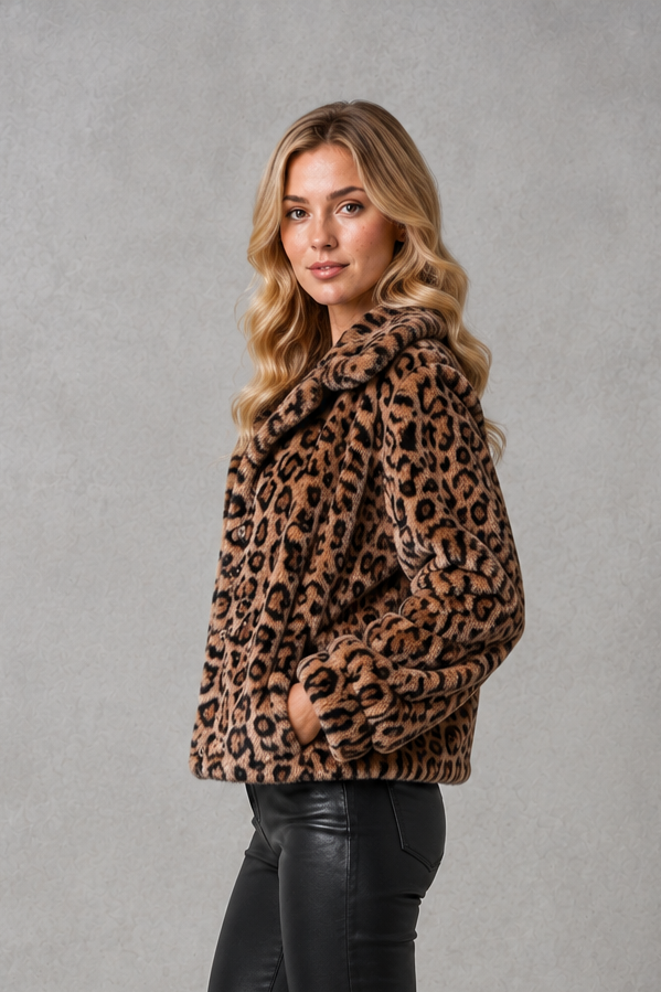 Women's leopard print faux fur cropped jacket with long sleeves, relaxed fit and soft plush texture, styled as a warm and lightweight winter coat.