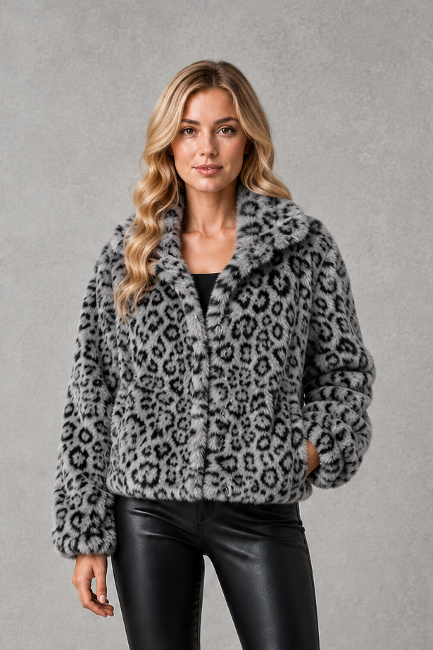 Women's leopard print faux fur cropped jacket with long sleeves, relaxed fit and soft plush texture, styled as a warm and lightweight winter coat.