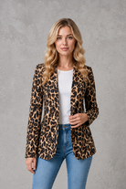 Women’s leopard print lapel collar blazer with a tailored fit and lightweight open-front design, perfect for smart casual wear, work, evenings, weekend outings and special occasions.