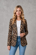 Women’s leopard print lapel collar blazer with a tailored fit and lightweight open-front design, perfect for smart casual wear, work, evenings, weekend outings and special occasions.
