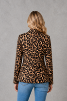 Women’s leopard print lapel collar blazer with a tailored fit and lightweight open-front design, perfect for smart casual wear, work, evenings, weekend outings and special occasions.