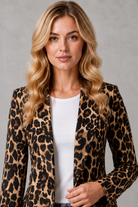 Women’s leopard print lapel collar blazer with a tailored fit and lightweight open-front design, perfect for smart casual wear, work, evenings, weekend outings and special occasions.