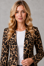 Women’s leopard print lapel collar blazer with a tailored fit and lightweight open-front design, perfect for smart casual wear, work, evenings, weekend outings and special occasions.