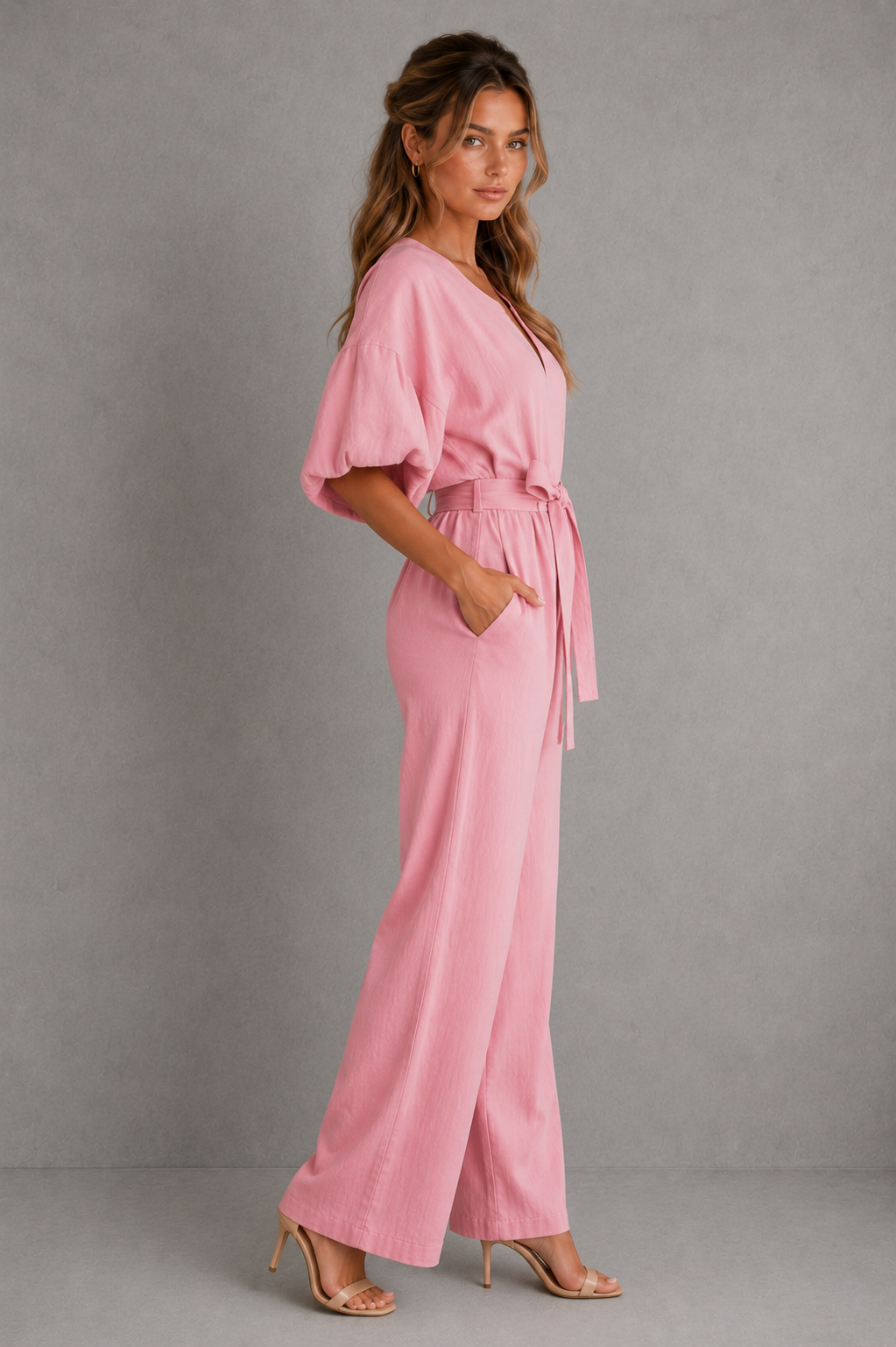 Woman wearing a pink jumpsuit against a gray background