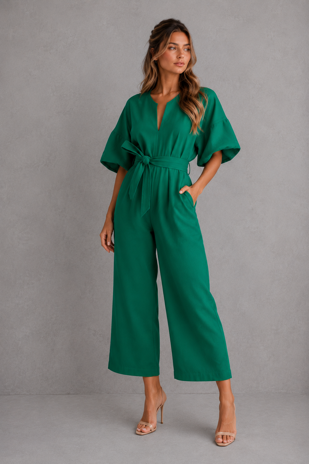 Woman wearing a green jumpsuit against a gray background