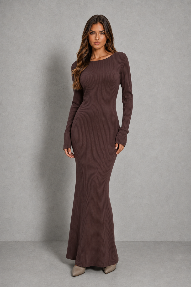 Women’s Long Sleeve Bodycon Maxi Dress with Low Open Back for Evening & Formal Wear